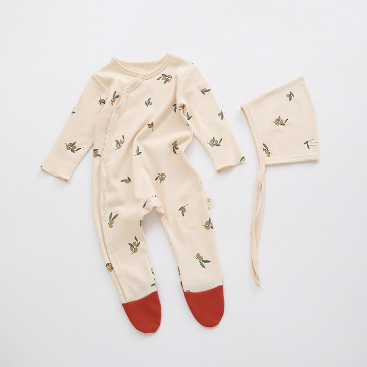 Baby Printed Graphic Side Button Design Long Sleeved Jumpsuit Romper Pajamas With Hat