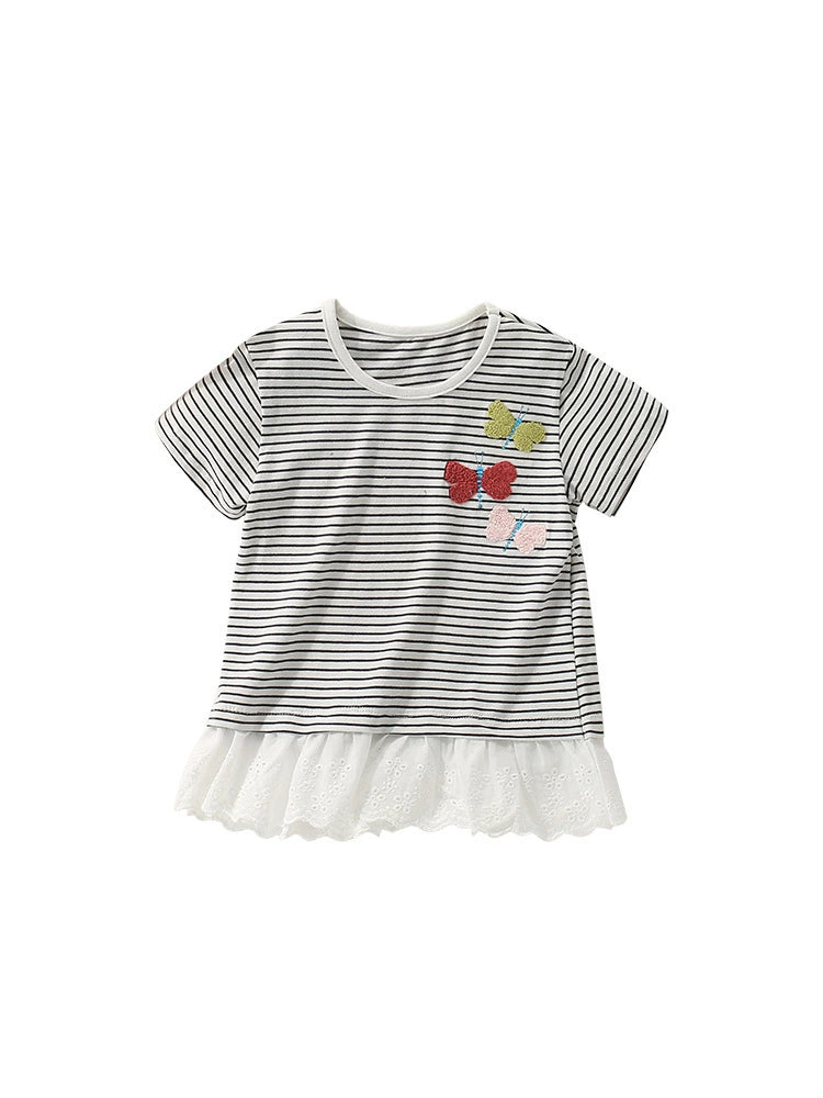 Summer Girls’ Butterfly Pattern Striped T-shirt in European and American Style
