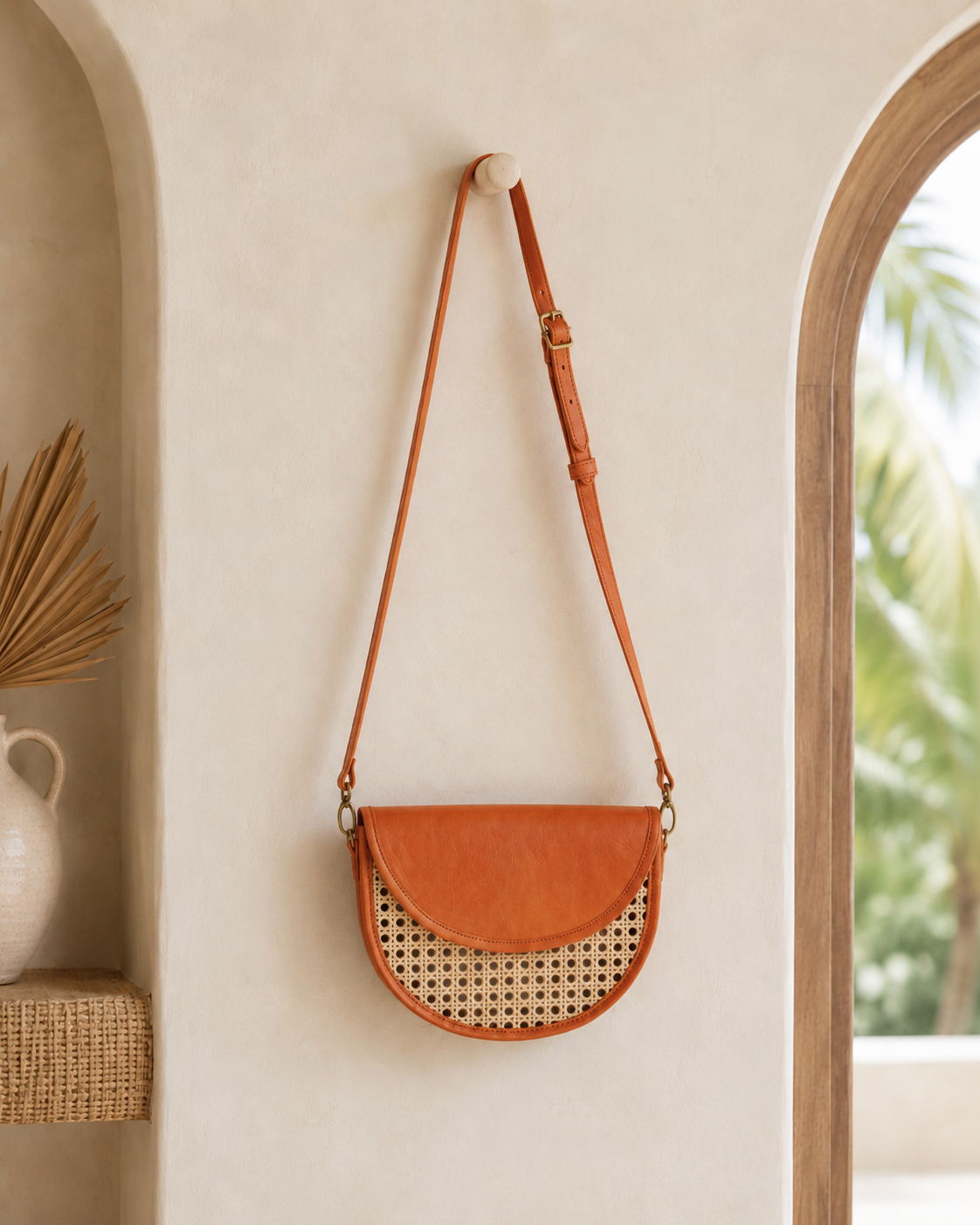 Raja Leather and Cane Crossbody