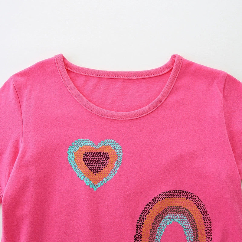 Summer Girls’ Rainbow and Heart Pattern T-shirt in European and American Style