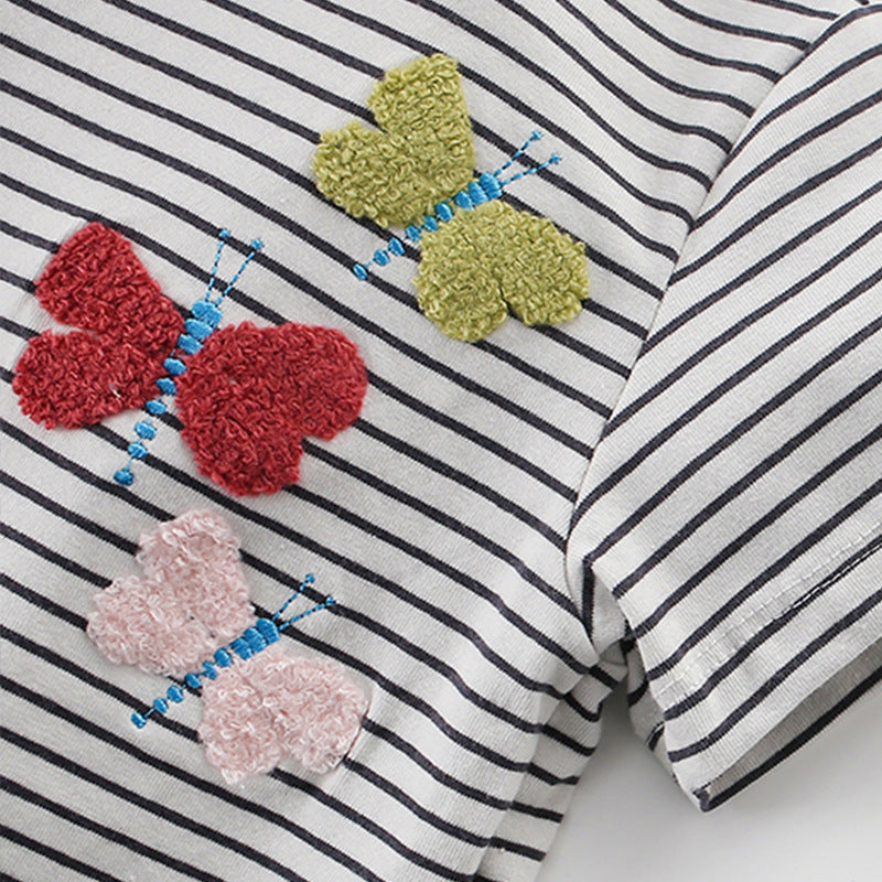 Summer Girls’ Butterfly Pattern Striped T-shirt in European and American Style