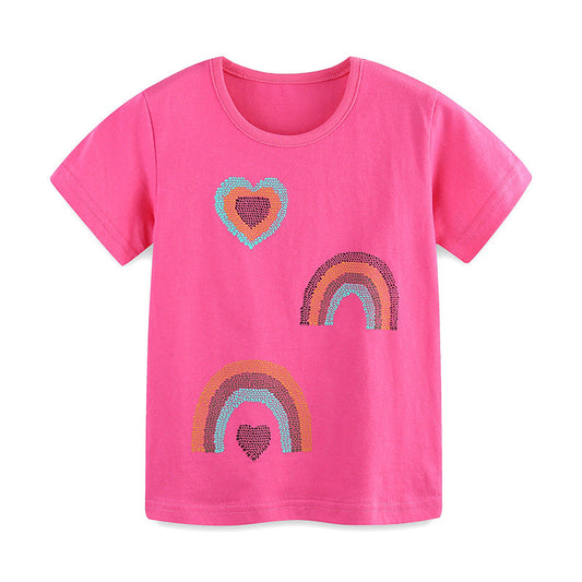 Summer Girls’ Rainbow and Heart Pattern T-shirt in European and American Style