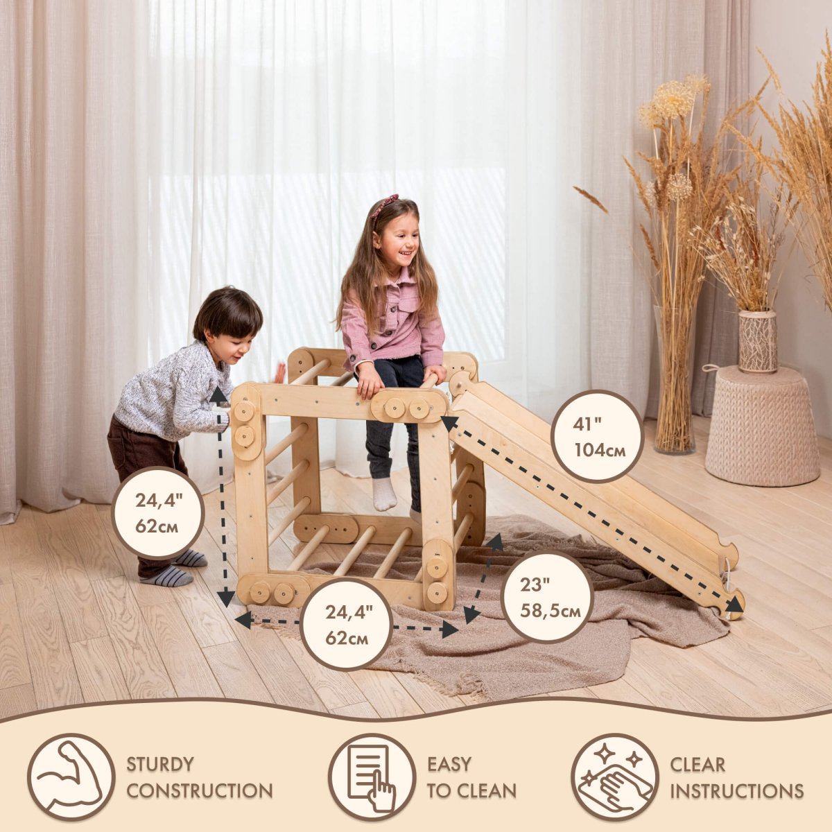 2in1 Montessori Climbing Set: Snake Ladder + Slide Board/Climbing Ramp – Beige