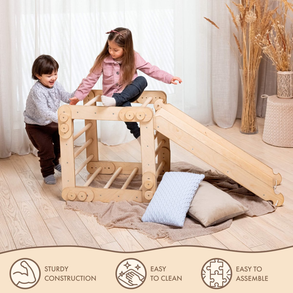 2in1 Montessori Climbing Set: Snake Ladder + Slide Board/Climbing Ramp – Beige