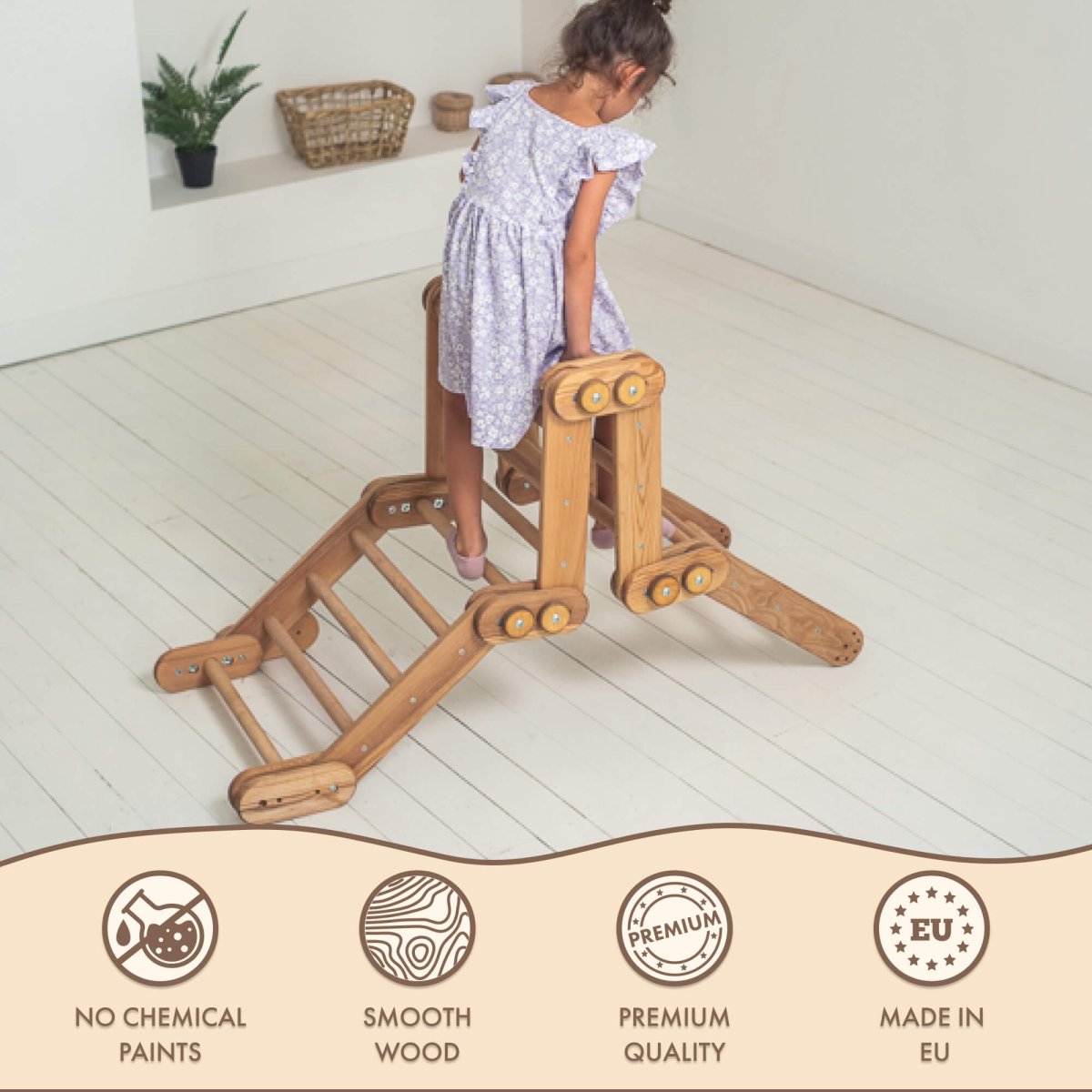 2in1 Montessori Climbing Set: Snake Ladder + Slide Board/Climbing Ramp – Beige